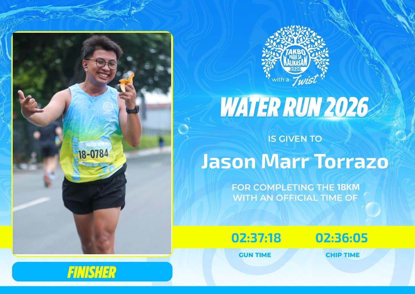 A MomentPing finisher certificate: the runner's photo with their name and official gun and chip time, on the event's branded certificate design